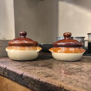 French Onion Soup Crocks, Set of 2, Brown Bean Pot Bowls, Replacement Handled Stoneware