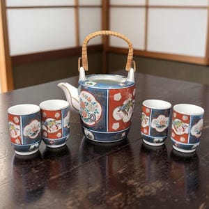 Old Gorgeous Imari Japan Teapot and Four Teacups, No Lid, Vintage Pottery Set, Replacement