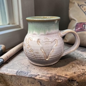Studio Pottery Handmade Sippin Cow Mug, Gray Green Tan Vintage Cup, Artisan Signed Gift
