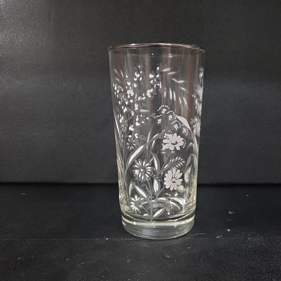Libbey Etched White Wild Flowers Glass Tumbler, Vintage Silver Rim