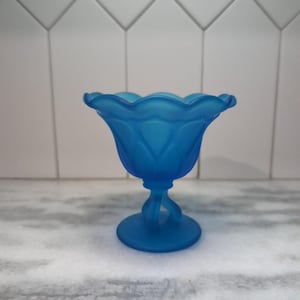 Westmoreland Satin Blue Glass Candy Dish, Vintage Pedestal Compote, Doric Stemmed Bowl, Elegant Home Decor