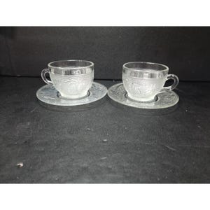 Anchor Hocking Sandwich Pattern Cups & Saucers, Set of 2, Vintage Clear Snack Set, 4 Pieces, Elegant Tableware