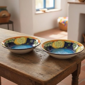 May include: Two round ceramic bowls featuring a hand-painted design of yellow lemons and green leaves against a deep blue center. The rims are decorated with a vibrant orange and yellow border, creating a colorful contrast on the white base.