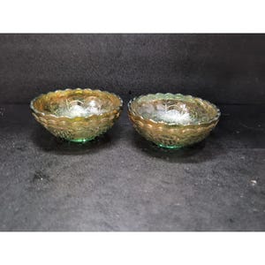 Imperial Grape Helios Leaf Green Gold Carnival Glass Bowls, Scalloped Set of 2, Vintage Glassware, Collectible Tableware