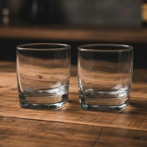 May include: Two clear glass tumblers with a heavy, thick base and straight sides. These drinking glasses feature a smooth, transparent surface and a wide, circular rim, designed for serving beverages in a simple, functional, and classic style.