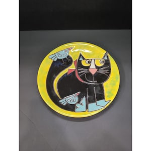 Novica Animal-Themed Ceramic Plate, Black Cat with Birds, Cat Lovers Decor, Home Art Gift, Ceramic Plate Gift