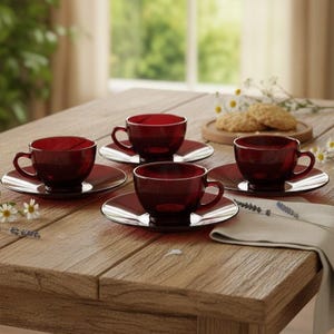 May include: A set of four deep red glass teacups and matching saucers arranged on a wooden surface. Each cup features a rounded bowl, a curved handle, and a smooth finish. The translucent red glass reflects light, creating a uniform appearance.
