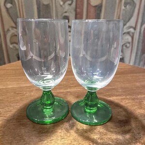 Green Bubble Stem Wine Glasses, Set of 2, Vintage Clear Bulb Stemware, Replacement Drinkware