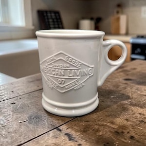 American Living General Store Coffee Mug, Textured 3D Vintage Cup, Collectible Drinkware, White Tableware