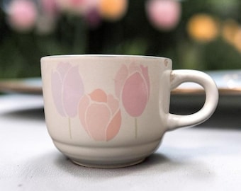 International China Spring Up Tulips Mug, Stoneware Coffee Cup, Vintage Soup Bowl, Floral Drinkware