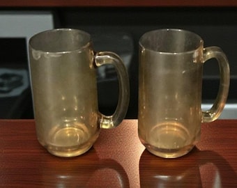 Hazel Atlas Amber Beer Mugs, Set of 2, Vintage Stackable Glasses, Replacement Glass Steins