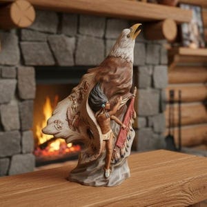 Native American Inspired Eagle Warrior Sculpture, Vintage Hand-Painted Ceramic Figurine, Signed Southwestern Art