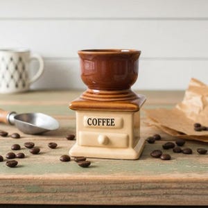 Brown & Beige Drip Glaze Coffee Grinder Vase, Mid-Century Ceramic Planter, Replacement Decorative Accent