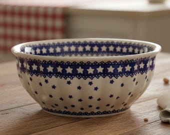 Boleslawiec Manufaktura Fluted polished pottery bowl Cobalt Blue Stars #33
