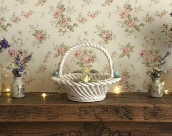 Capodimonte Style Porcelain Woven White Basket with Applied Flowers, Replacement Small Centerpiece, Italian Made