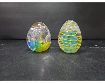 Glass Egg Paperweights, Set Of 2, Green Blue Yellow Swirl Bubbles Design, Vintage Decor