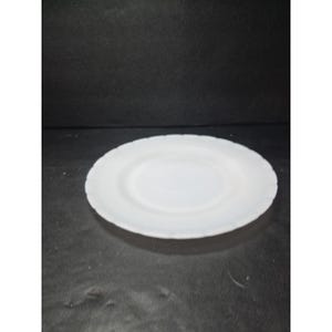 Puede incluir: Un plato blanco y redondo con un borde festoneado. El plato está hecho de un material sólido y opaco y tiene una superficie lisa. El plato está centrado en la imagen y parece limpio y sin usar.