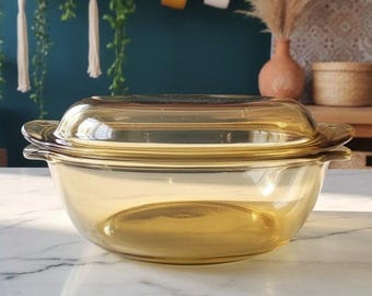 Dynaware Pyr-O-Rey Amber Yellow Casserole Dish, Vintage Mexican Lidded Bakeware, Ovenproof Cookware