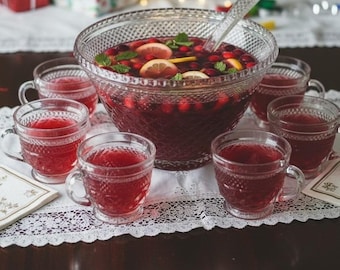 Anchor Hocking Arlington Punch Bowl, 18 Cups Included, Vintage Clear Glassware, Replacement Party Serveware