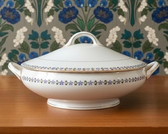Noritake Nippon täckt gryta, vintage serveringsfat i blått blåklint, japanskt porslinsblommigt terrin, ersättning