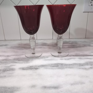 Ruby Red Glass Goblet Set, Clear Stem Glasses, 7 7/8&quot; Tall Goblets, Set of 2, Elegant Glassware, Dining Tableware
