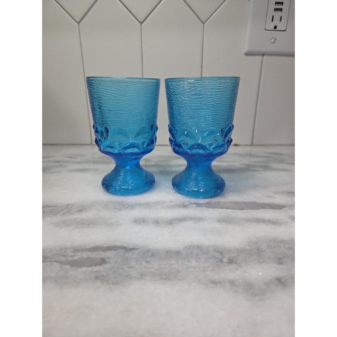 Brockway Glass Monterey Blue Wine Goblets, Set of 2, Textured Footed ...