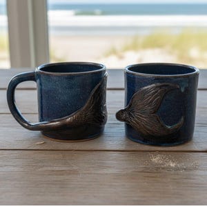 Handmade Art Pottery Whale Tail Mugs, Set of 2, Blue Glazed Coffee Cups, Drinkware