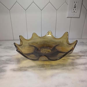 Mid Century Modern Amber Glass Bowl, Abstract Centerpiece Bowl, Hand Blown 11.5&quot;, Retro Decor