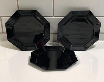 Arcoroc Octime Black Octagon Dinner Plates, Set of 3, Vintage French Glass, Replacement Dinnerware