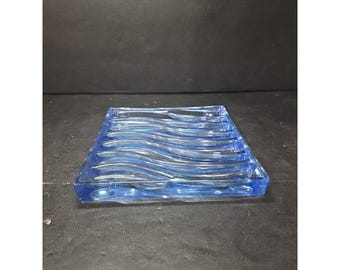 Clear Blue Art Glass Pillar Stand, Vintage Wavy Plate, Replacement Glassware, Multi Use Dish