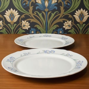 May include: Two white ceramic dinner plates featuring a delicate floral pattern along the rim. The design consists of light blue flowers with green stems and leaves arranged in a repeating motif around the edge of each circular plate.