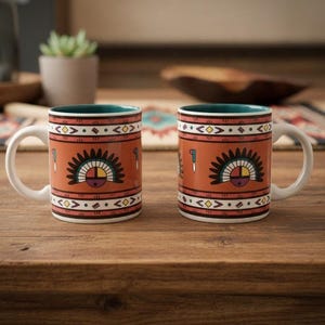 Zestaw 2 kubków do kawy z motywem kaktusa w stylu południowo-zachodnim, naczynia w stylu indiańskim