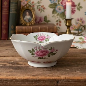 May include: A white porcelain bowl with a scalloped rim and a gold-toned edge. The exterior features a floral pattern of pink roses with green leaves and stems. The bowl has a circular base and a smooth, glossy finish on the white ceramic surface.