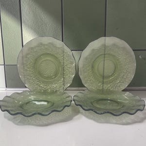 Piattini Hazel Atlas color verde avocado, set da 4, con motivo a ciottoli, vetro vintage Depression Glass