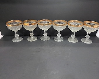 Copas de champán de cristal de Bohemia checo, juego de 6, con borde dorado, vajilla vintage