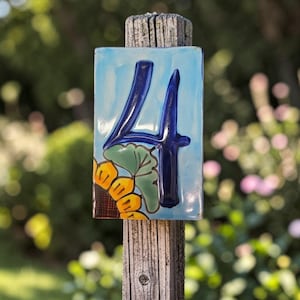 Talavera Sunflower House Number Tile, High Relief #4, Mexican Address Plaque, Outdoor Home Decor