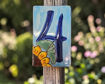 Talavera Sunflower House Number Tile, High Relief #4, Mexican Address Plaque, Outdoor Home Decor