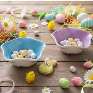 Puede incluir: Dos cuencos de cerámica con bordes festoneados, uno azul claro y otro lavanda, rellenos de pequeños huevos de caramelo en tonos pastel. Una galleta amarilla con forma de conejo, pollitos amarillos, margaritas blancas y papel picado.