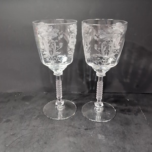 Tiffin Franciscan Glass Etched Flanders Water Goblets, Clear Stem #15067, Set of 2, Floral Goblets, Collectible Glassware