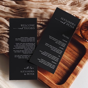 Black Minimalist Wedding Menu and Thank You Template, Modern Calligraphic Wedding Template, Double Sided Card, TMR-ALX01
