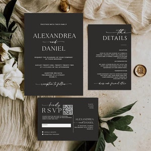 Black Elegant wedding invitation suite template with QR code, Minimalist Wedding Invite Suite, Simple Editable Invite Template, TMR_ALD001