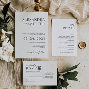 Wedding Invitation with QR Code, Minimal Wedding Invite Suite, Modern Invite, Simple Editable Invite Template,TMR_ALX20231208