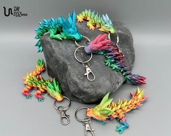 Drachen Schlüsselanhänger beweglich, Kristalldrache und Edelsteindrache in Regenbogenfarben, 3d gedruckt