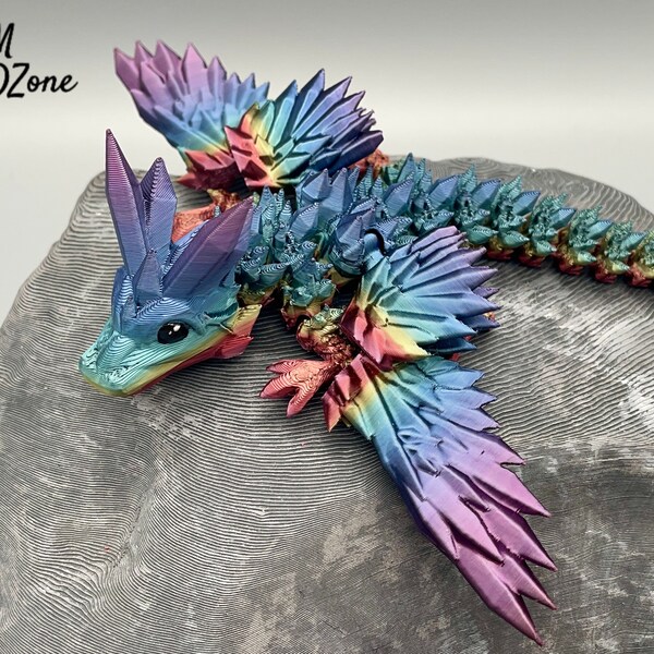 Baby Crystal Wing Dragon Rainbow, poseable 3d printed winged crystal dragon in rainbow colors and hand painted eyes