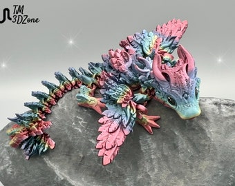 Baby Lunar Wing Dragon Rainbow, poseable 3d printed winged moon dragon in rainbow colors with hand painted eyes