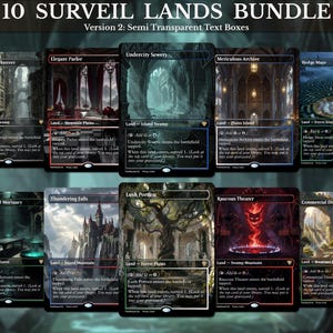 Könnte beinhalten: Ein 10 Surveil Lands Bundle mit zehn rechteckigen Spielkarten mit halbtransparenten Textfeldern. Jede Karte zeigt einzigartige Fantasy-Landschaftsillustrationen, darunter Shadowy Backstreet, Elegant Parlor, Undercity Sewery, Meticulous Archive, Hedge Maze, Underground Mortuary, Thundering Falls, Lush Portico, Raucous Theater und Commercial District.
