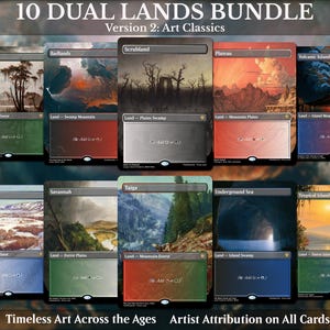 Könnte beinhalten: Eine Sammlung von zehn Sammelkarten mit dem Titel 10 Dual Lands Bundle Version 2: Art Classics. Jede Karte zeigt einzigartige Landschaftsillustrationen, darunter Bayou, Badlands, Scrubland, Plateau, Volcanic Island, Tundra, Savannah, Taiga, Underground Sea und Tropical Island, mit Textbeschriftungen und Manasymbolen.