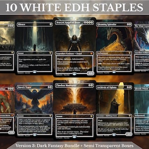 Könnte beinhalten: Eine Sammlung von zehn Magic: The Gathering Sammelkarten mit dem Titel 10 WHITE EDH STAPLES, die Dark-Fantasy-Kunstwerke zeigen. Die Karten umfassen Cathars' Crusade, Silence, Avacyn, Angel of Hope, Gleaming Splendor, The Wind Crystal, Mondrak, Glory Dominus, Dawn's Truce, Flawless Maneuver, Archivist of Oghma und Ghostly Prison.