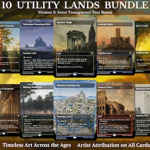 Könnte beinhalten: Eine Sammlung von zehn rechteckigen Sammelkarten mit dem Titel 10 UTILITY LANDS BUNDLE Version 2: Semi Transparent Text Boxes. Jede Karte zeigt einzigartige Landschaftsillustrationen, Textbeschreibungen und Spielmechaniken.