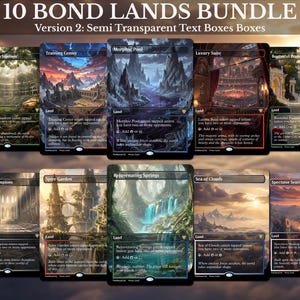 Könnte beinhalten: Eine Sammlung von zehn Fantasy-Spielkarten mit dem Titel 10 BOND LANDS BUNDLE Version 2: Semi Transparent Text Boxes Boxes. Jede Karte zeigt einzigartige Landschaftsillustrationen wie Wälder, Berge und Arenen mit Textüberlagerungen.